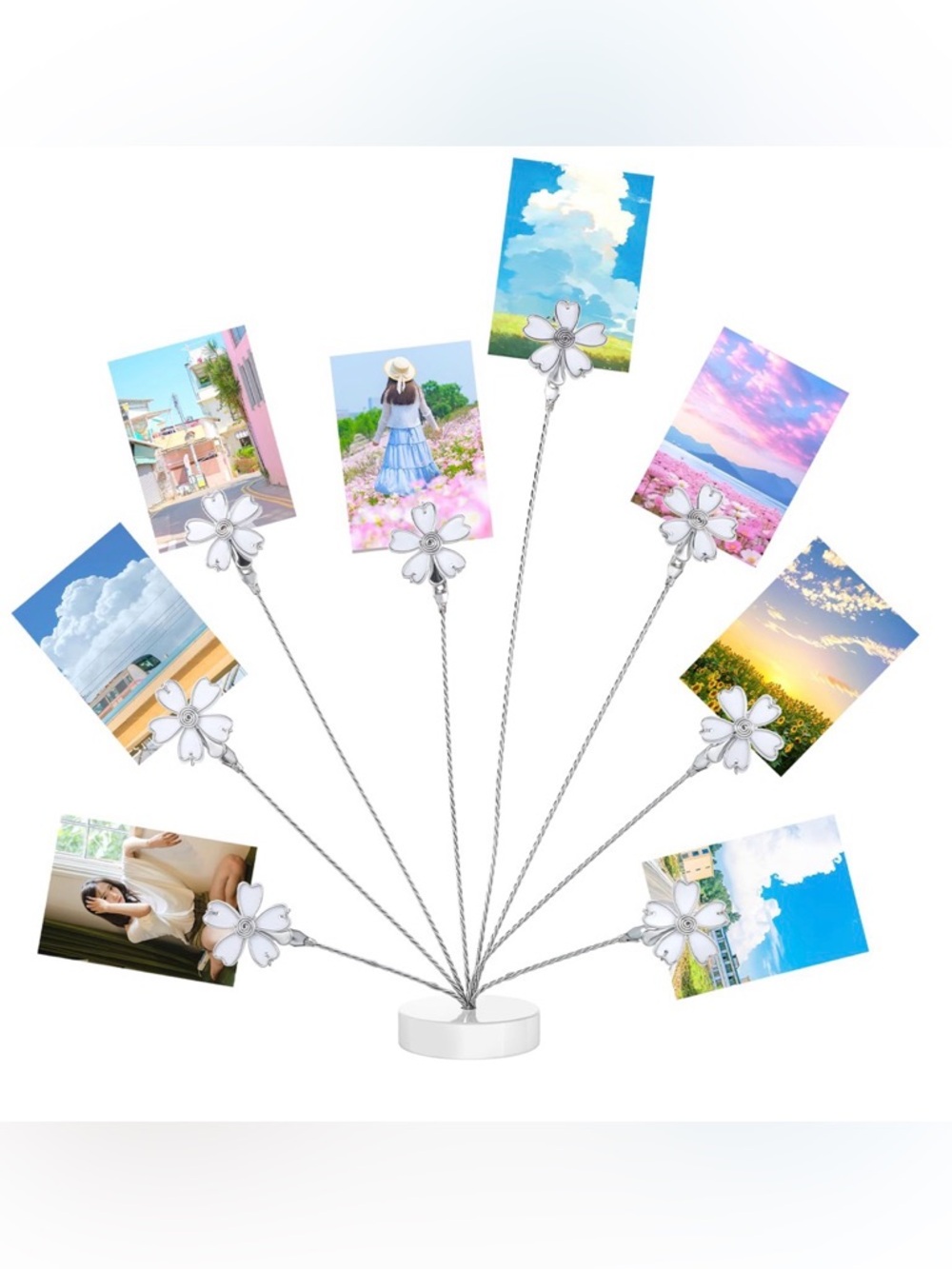 Silver Floral Photo Holder Stand - 8 Clip Display